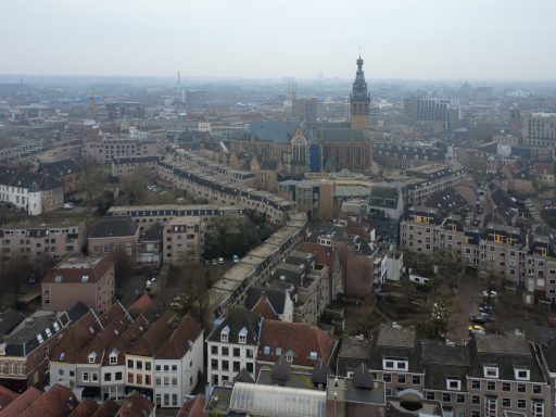 Uitzicht op een stad met gebouwen, wegen en een hoge toren in de verte.